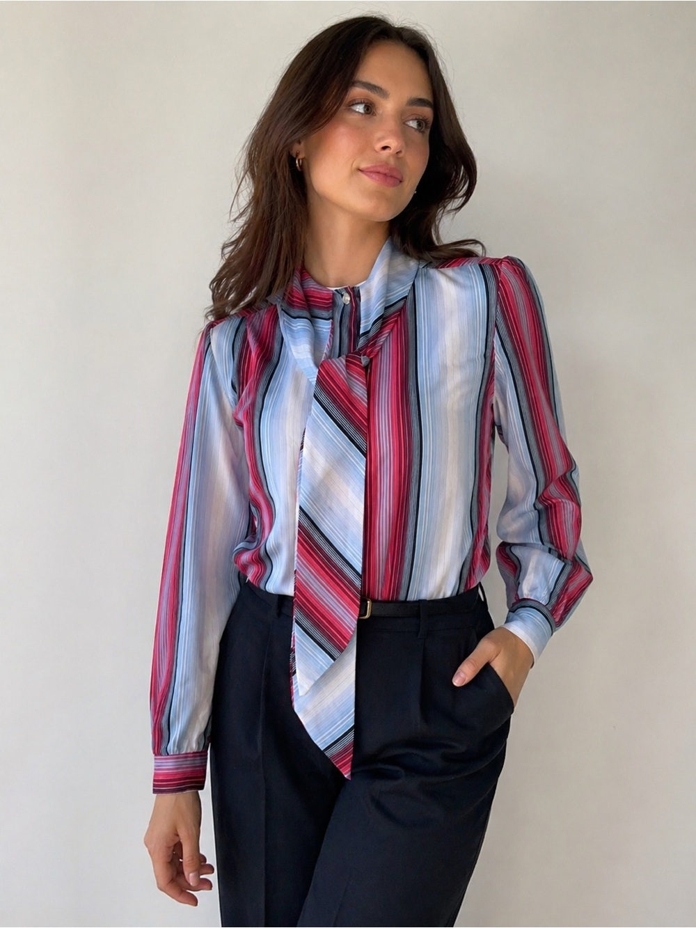 Vintage Bending Easy Striped Tie Neck Blouse Size 12 Retro Button Front Top